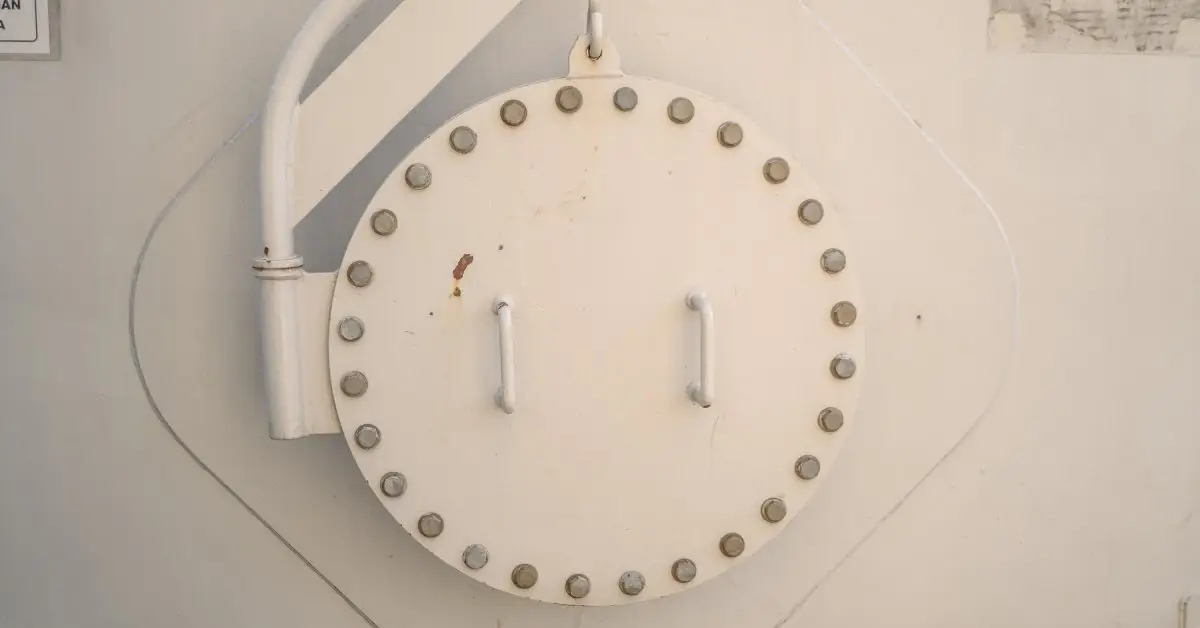 Closeup of a tan circular manway cover with several bolts around the edge and a hook release mechanism.